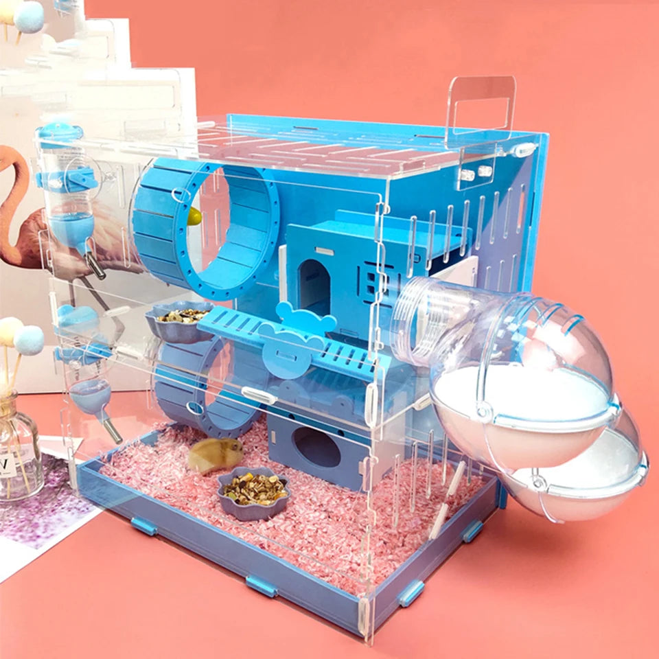 Blue Double Hamster Cage – Spacious Acrylic Pet Nest for Guinea Pigs and Small Pets