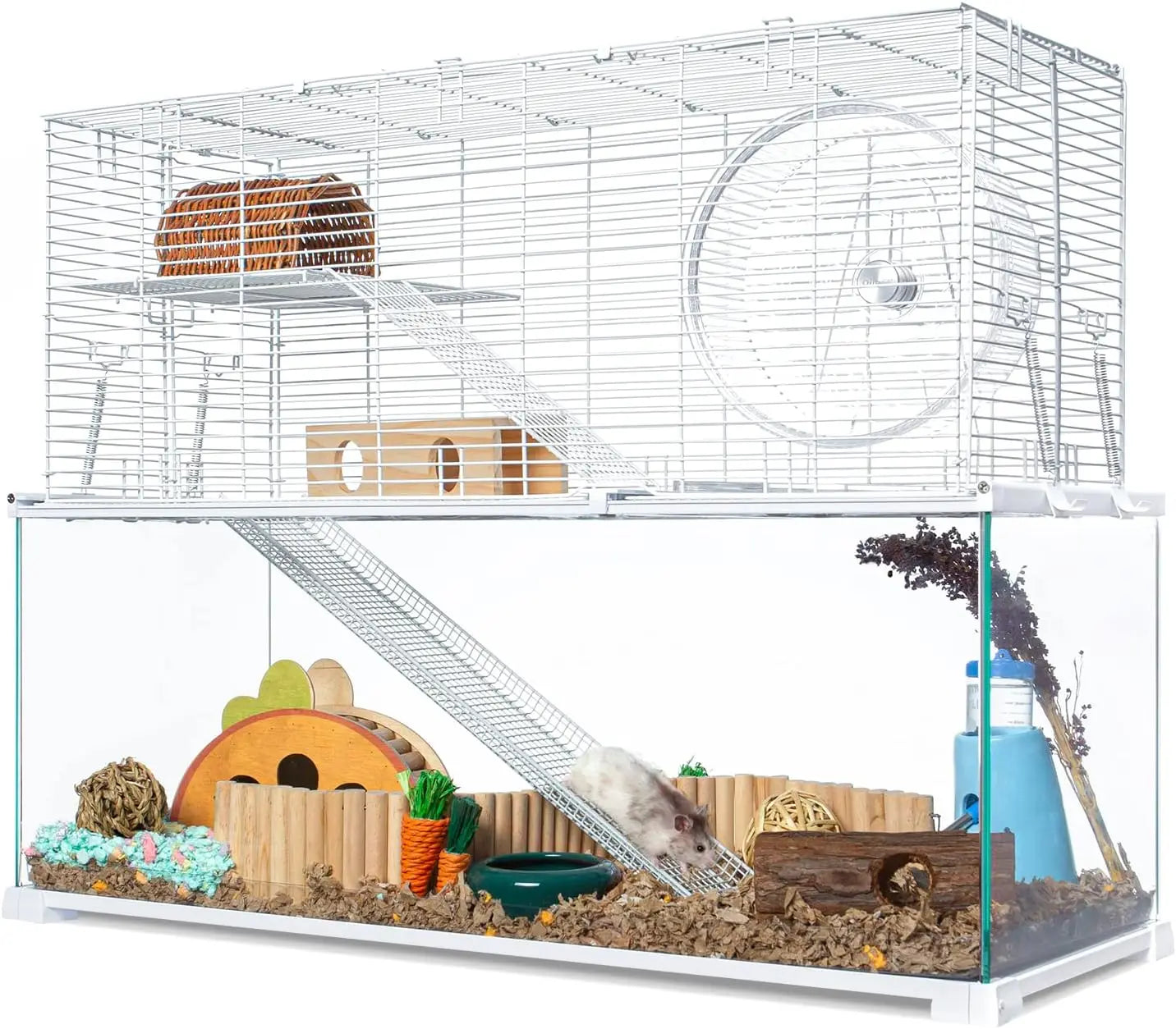 3-Tier Large Hamster Cage – Glass Habitat with Openable Wire Topper and Two Ladders for Gerbils