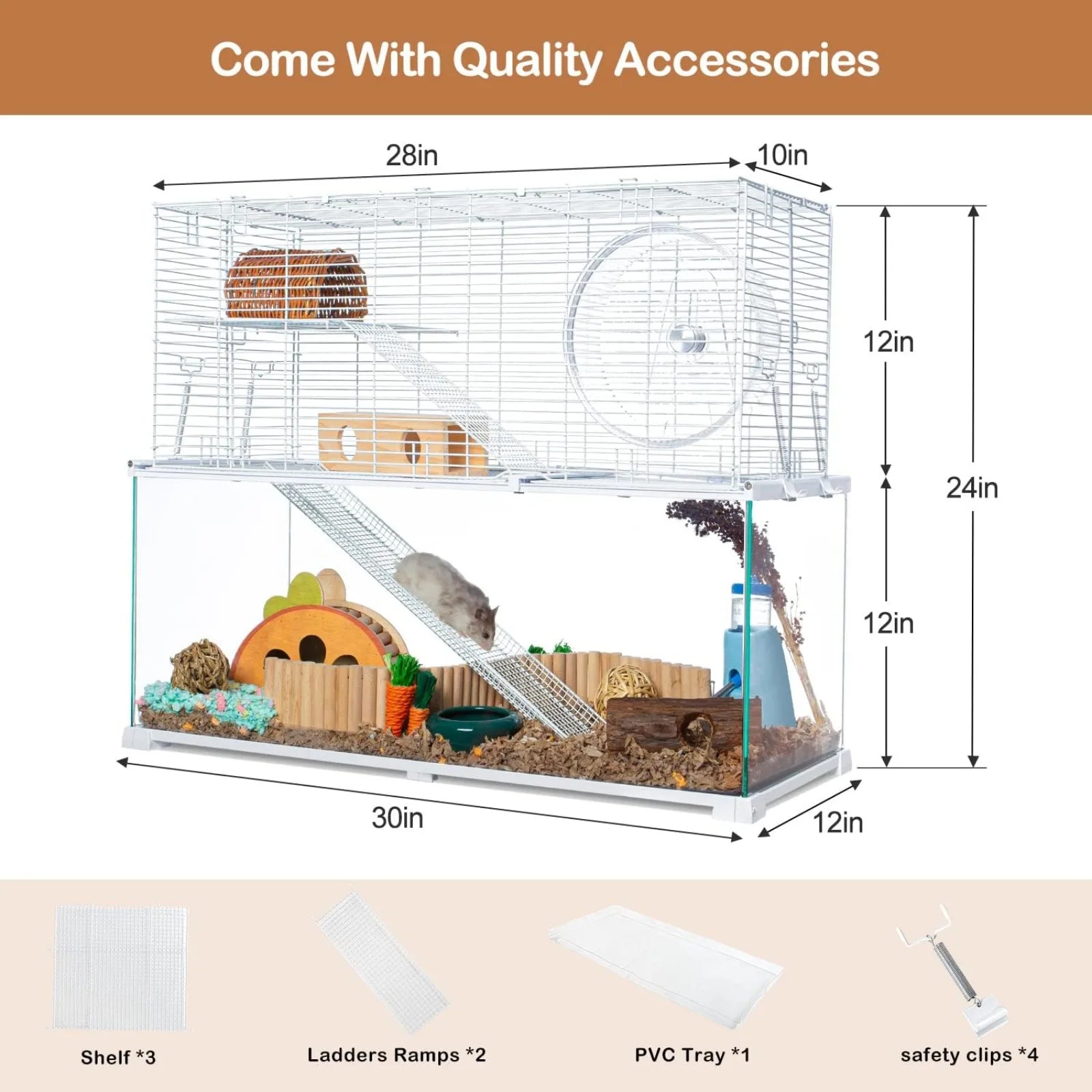 3-Tier Large Hamster Cage – Glass Habitat with Openable Wire Topper and Two Ladders for Gerbils