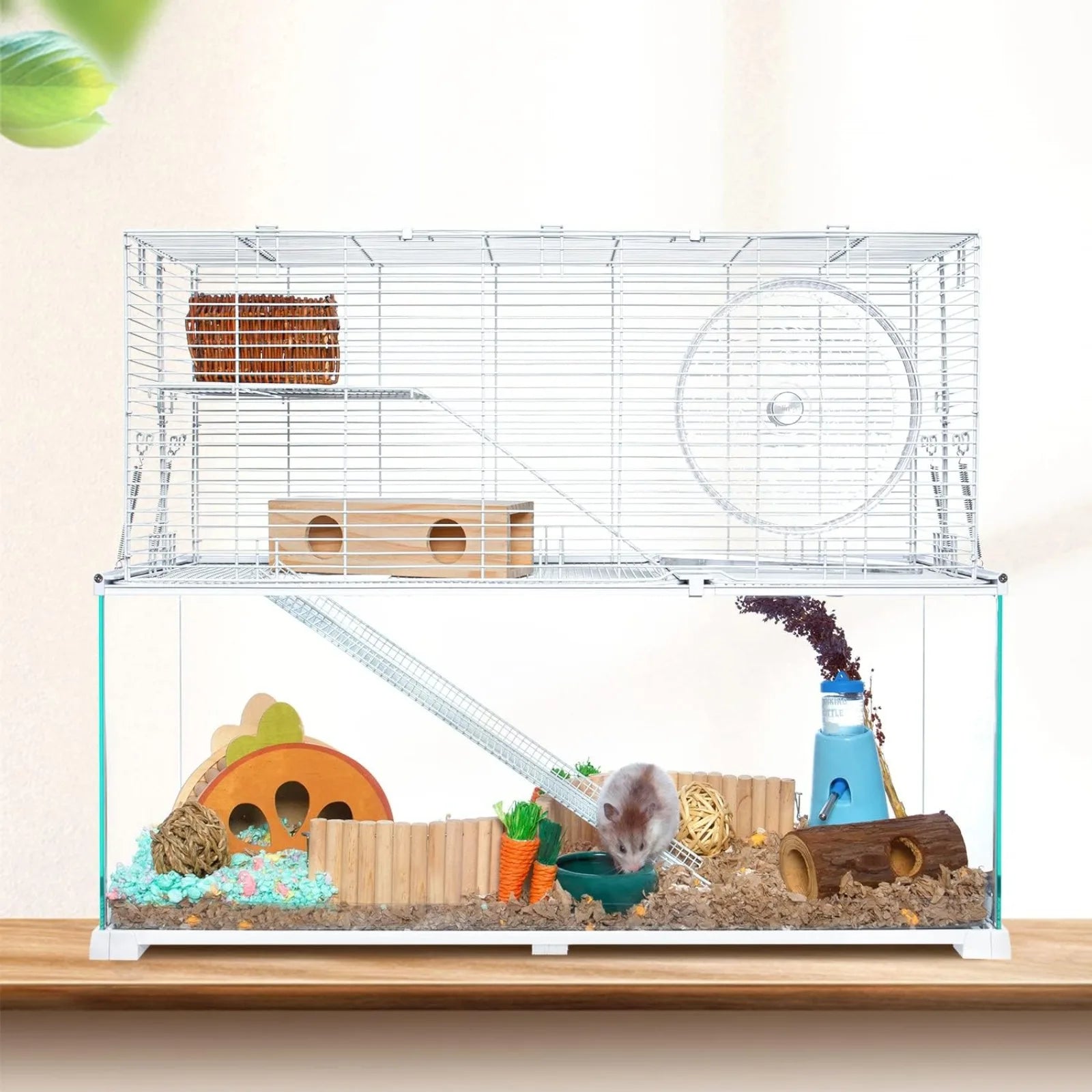 3-Tier Large Hamster Cage – Glass Habitat with Openable Wire Topper and Two Ladders for Gerbils