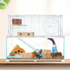 3-Tier Large Hamster Cage – Glass Habitat with Openable Wire Topper and Two Ladders for Gerbils