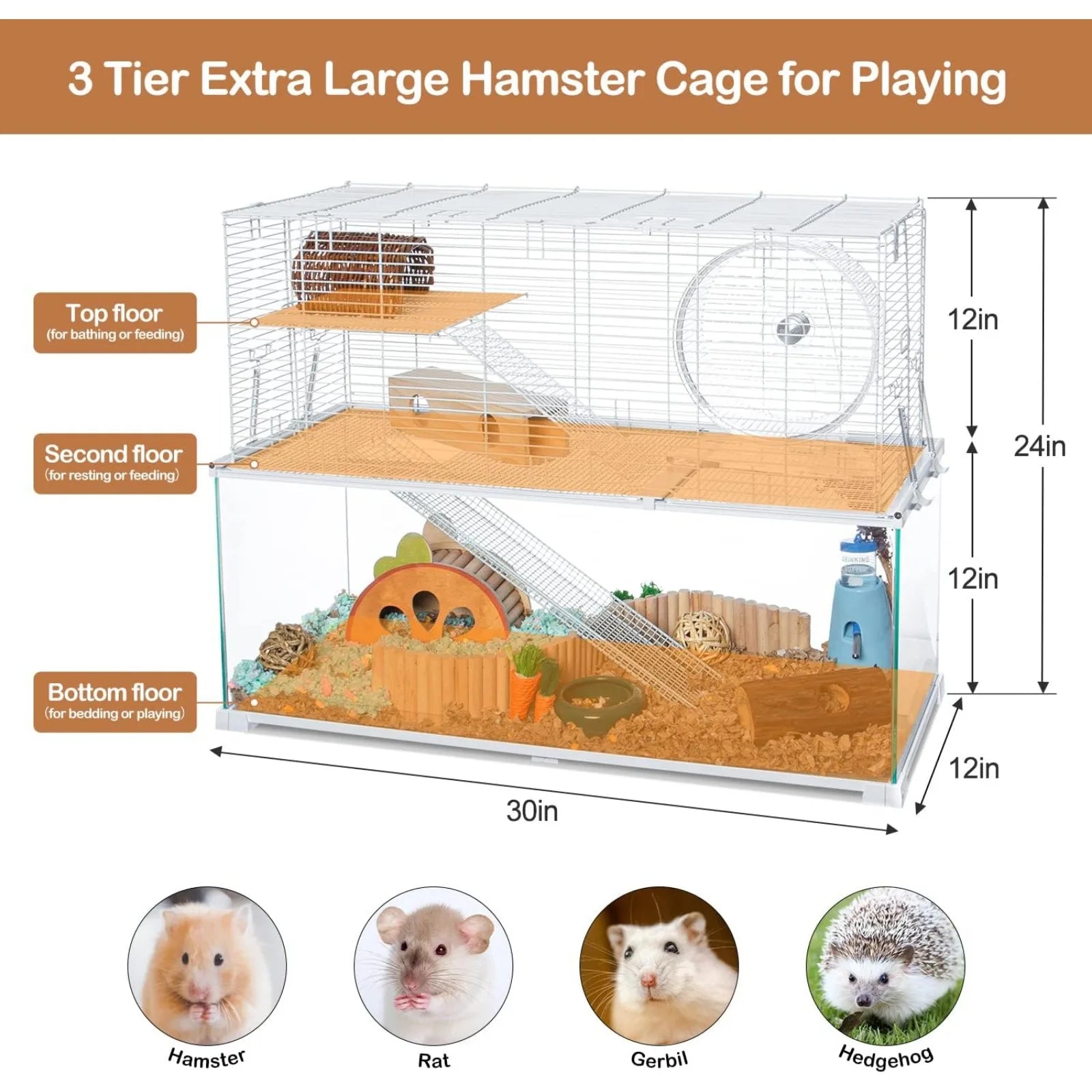 3-Tier Large Hamster Cage – Glass Habitat with Openable Wire Topper and Two Ladders for Gerbils