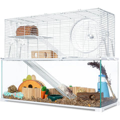 3-Tier Large Hamster Cage – Glass Habitat with Openable Wire Topper and Two Ladders for Gerbils