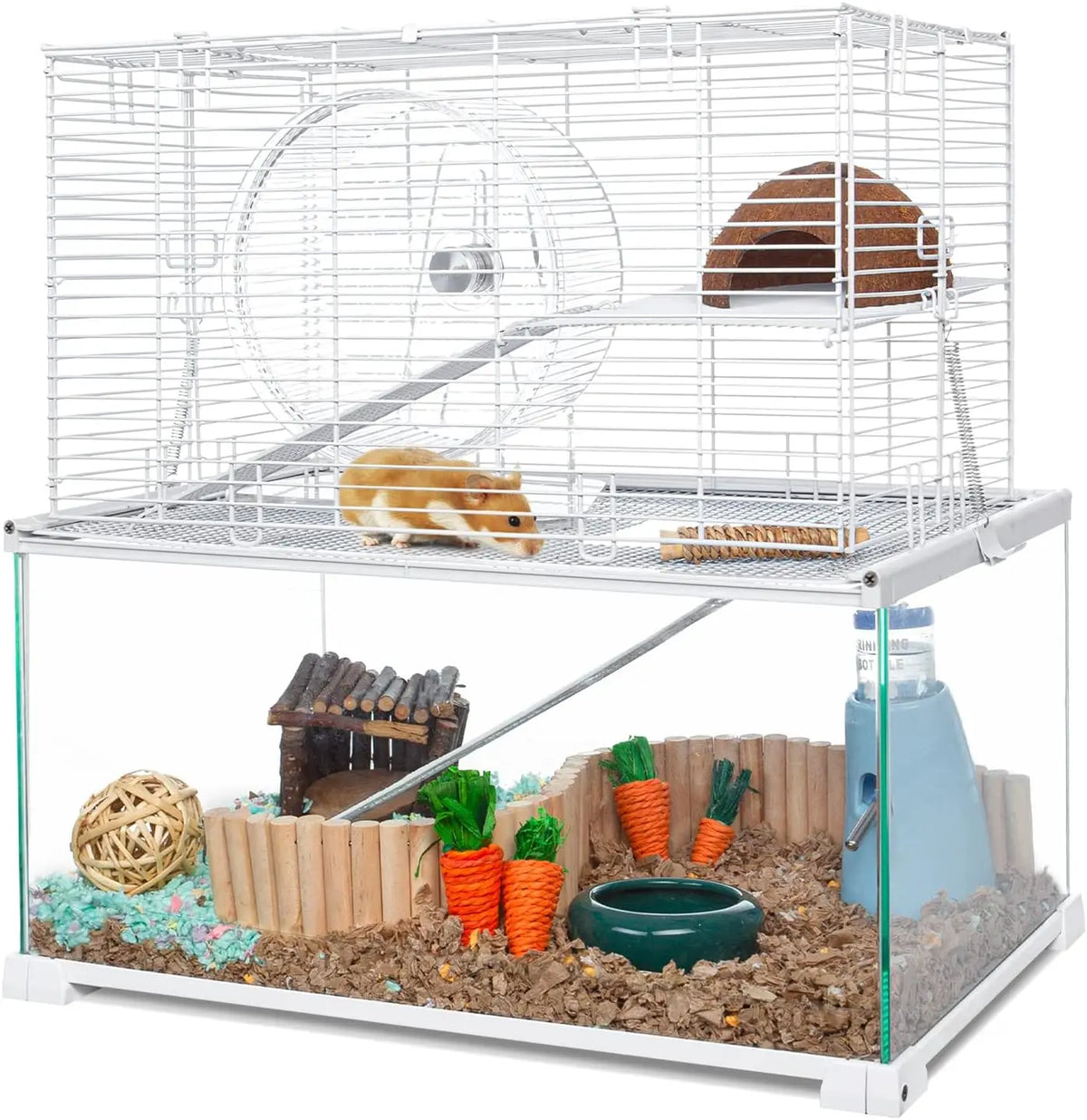 3-Tier Large Hamster Cage – Glass Habitat with Openable Wire Topper and Two Ladders for Gerbils