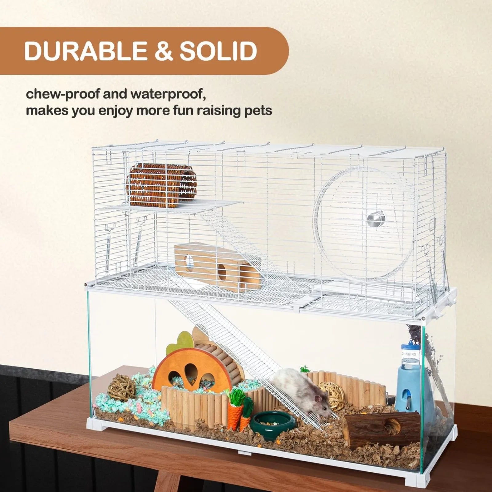 3-Tier Large Hamster Cage – Glass Habitat with Openable Wire Topper and Two Ladders for Gerbils